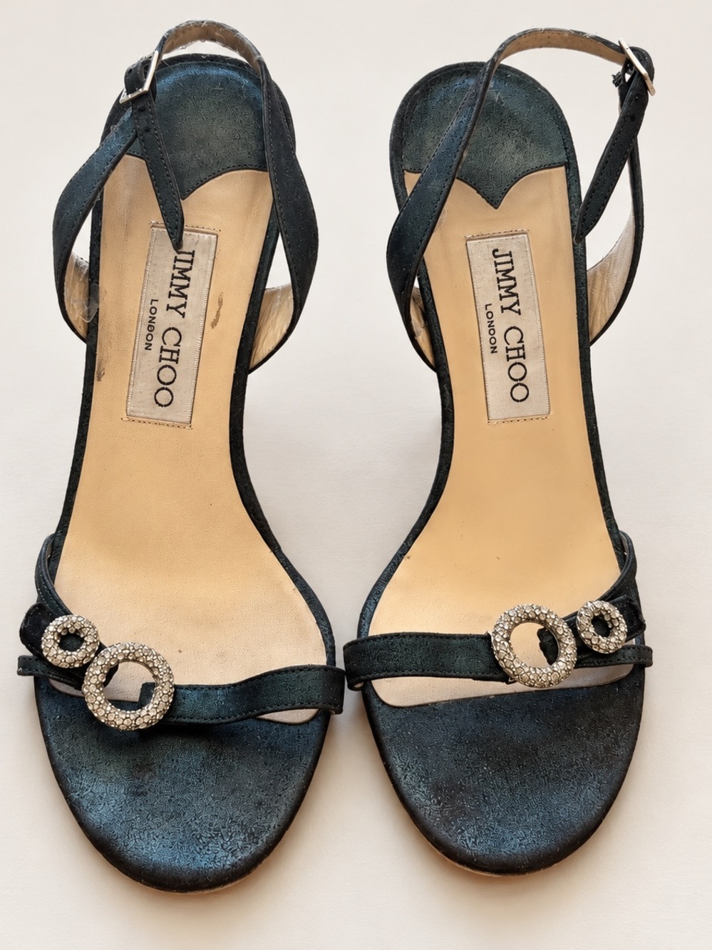 Jimmy Choo Black Satin Crystal Buckle Slingback Heels